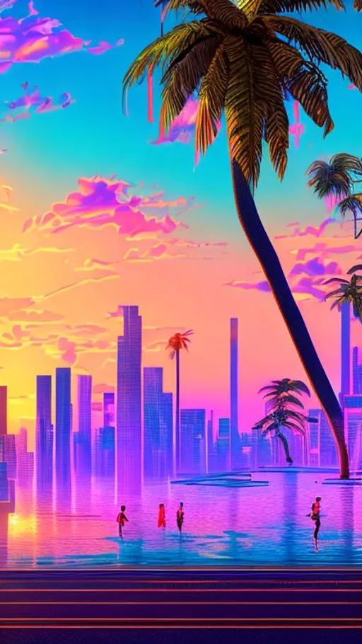 Prompt: vaporwave city, neon lighting, beautiful sunset, palm trees, Retro, high quality, 4k, visible sun, no clouds