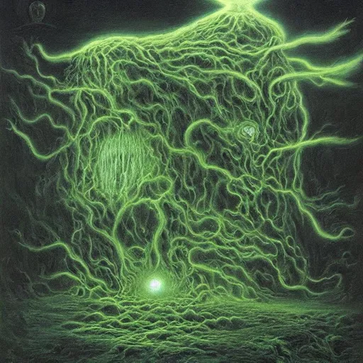 Prompt: Painting by Zdzisław Beksiński of a cosmic demon engulfed in subtle green hellfire | quasar | tearing space and time apart | chaos | suffering | malevolence | grim | thin subtle green lightning | despair | UHD, 4K, 8K, 64K, extremely detailed.