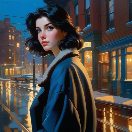 Prompt: Third person, gameplay, Irish-American girl, pale skin, black hair, blue eyes, 1980s, Boston at night, cold blue atmosphere, cartoony style, extremely detailed painting by Greg Rutkowski and by Henry Justice Ford and by Steve Henderson 

