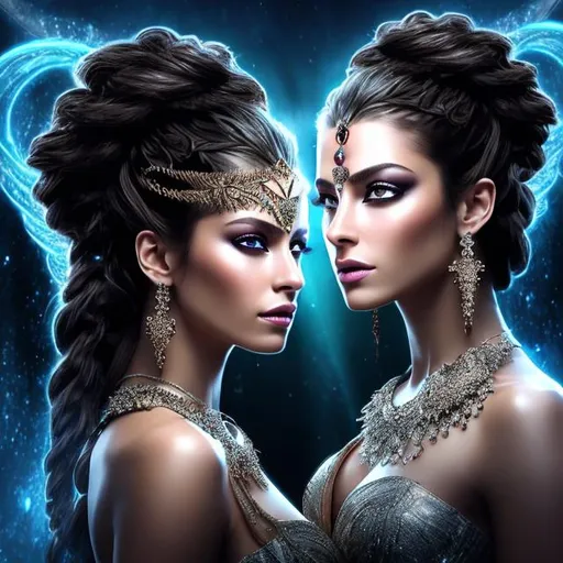 Prompt: HD 4k 3D 8k professional modeling photo hyper realistic two twin beautiful women ethereal evil greek goddesses of curses
white cornrows hair dark eyes gorgeous face pale skin black feathered dress tattoos headpiece full body surrounded by magical glowing light hd landscape background dark underworld caves