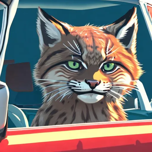 Prompt: anime bobcat in car