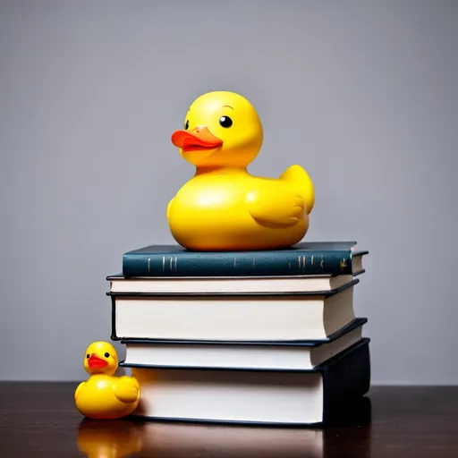 Prompt: A rubber duck sitting on top of a stack of books