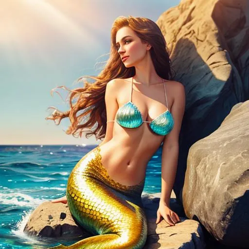 Prompt: mermaid on a rock in the ocean, realistic, closeup