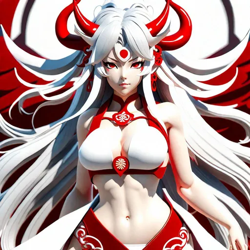 Prompt: anime style, hyper realistic, 3d render, high detail, longshot, full body, legs, female, human ears, Oni, Youkai horns, long hair, white hair, Detailed Face, intricate eyes, Red iris, Perfect anatomy, showing skin, Japanese, shadows, midriff, deep cleavage, victory pose,