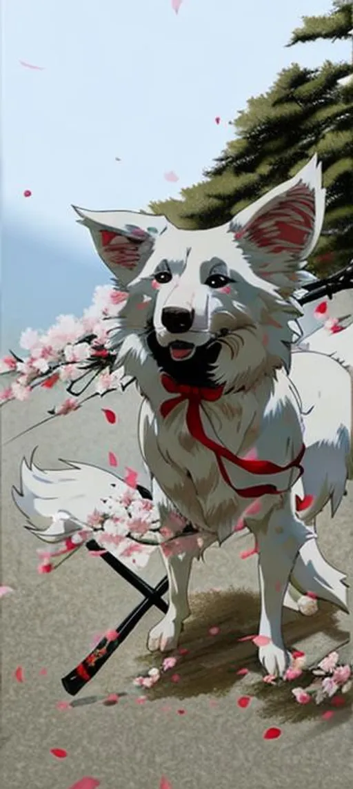 Prompt: STudio Ghibli art Style,Samurai Themed, White Border Collie in Full Body Kimono  Costume, Holding a Katana, Standing Up , White Roses in the bottom , Forest and Pink Sakura Petals Falling in  Background , Very Detailed , 8k, High Quality , HD