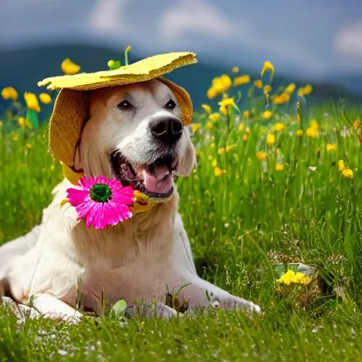 Prompt: dog with flower hat in grassy meadows