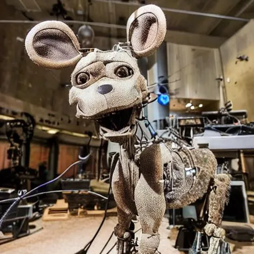 Prompt: a creepy abandoned animatronic with wires hanging from its eyes staring into the camera lifeless
