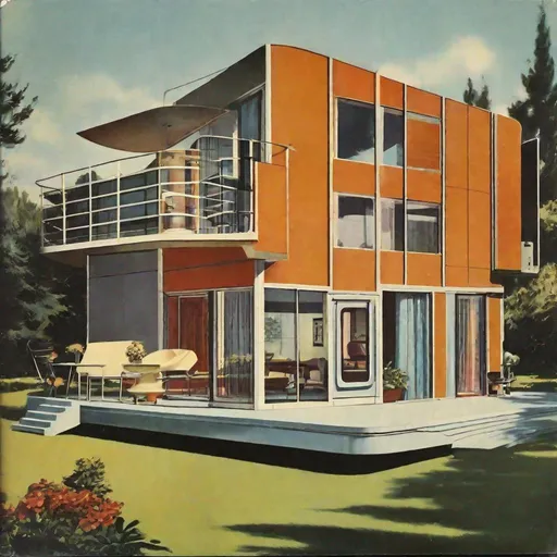 Prompt: Prefabricated House of tomorrow. 1950s retro-futurism. Metal house made from panels.
