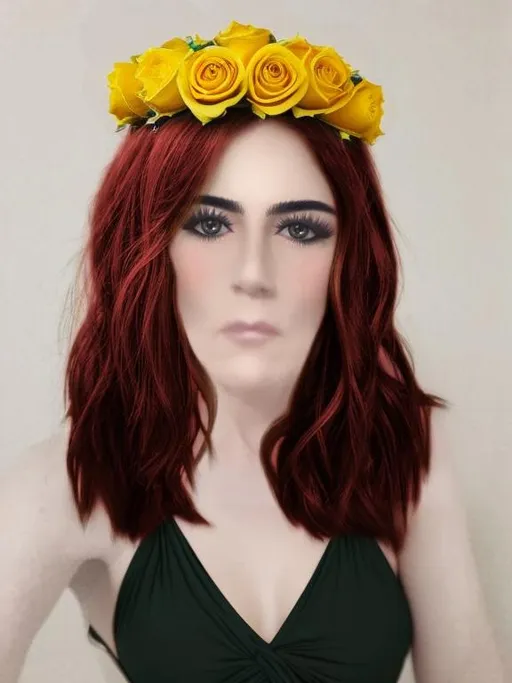Prompt: add a flower crown to the womans head with yellow roses