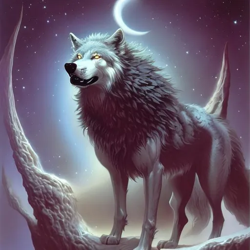 Prompt: Wolf of the moon, dark fur, aura of stars, pale white fangs, style of Boris Vallejo