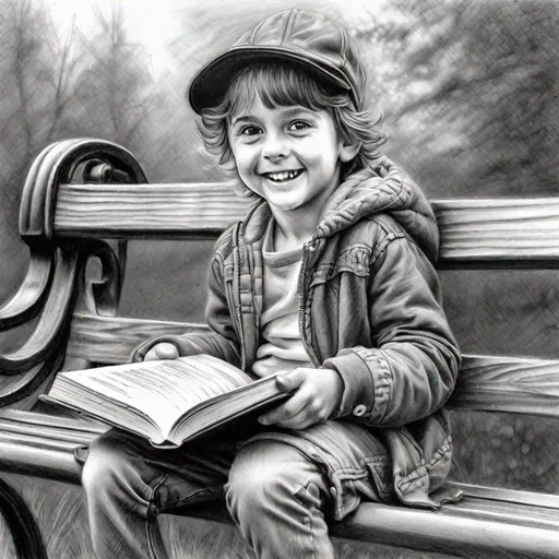 Prompt: pencil art, Child, joyful, sitting on bench, holding book,
black and white, looking into the camera, sketch,
intricate details