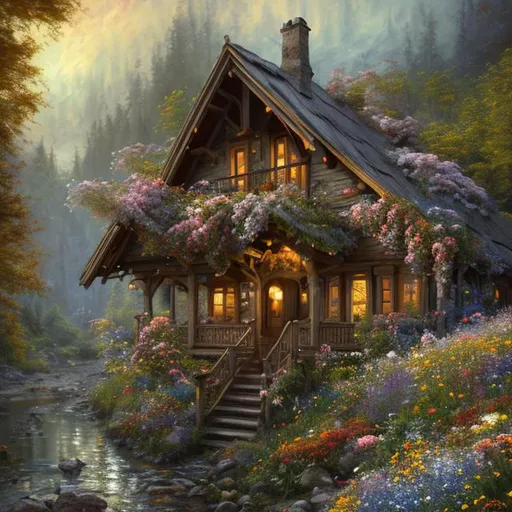 Prompt: fairytale cabin caught in a Chaotic Whirlwind Of Wildflowers And Leaves, river, bridges, cobblestone path,  Intricate Details, Aesthetically Pleasing And Harmonious Natural Colors, Art By Marco Mazzoni, Impressionism, Detailed, Dark, Flowers Heavy Brushstrokes, Textured Paint, Oil Painting, Dramatic, 8k, Trending On Artstation, Painting By Vittorio Matteo Co, Heavy Brushstrokes, Textured Paint, Impasto Paint, Highly Detailed, Intricate, Cinematic Lighting, Oil Painting, Highly Textured Skin, Dramatic, 8k, Trending On Artstation, Painting By Vittorio Matteo Corcos And Albert Lynch And Tom Roberts


