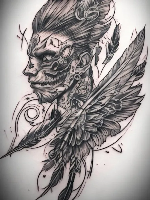 Prompt: Sketchy tattoo style of an angle with a feather skirt and a half tengu mask