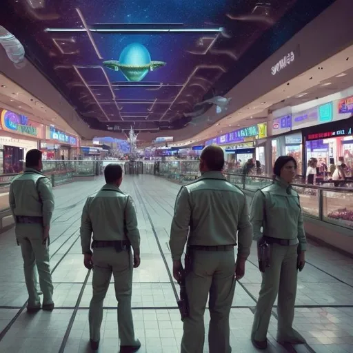 Prompt: alligator security guards in a busy alien mall, widescreen, infinity vanishing point, galaxy background, surprise easter egg