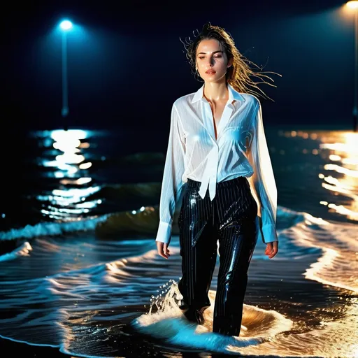 Prompt: photo of young woman, in soaking wet clothes, wet black pinstripe suit trousers, see through white blouse,  , walking in the sea at night,   enjoying, wet clothes stuck to body,  detailed textures of the wet clothes, wet face, wet plastered hair,  wet, drenched, professional, high-quality details, full body view 