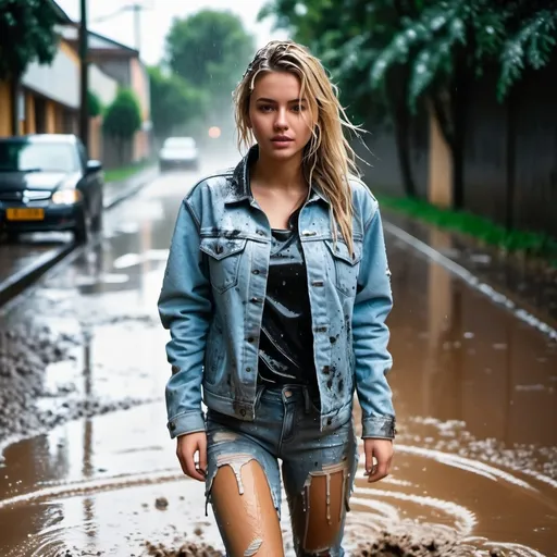 Prompt: photo of young woman, soaking wet clothes, Black converse high top sneakers, Long glistening wet ripped light blue jeans, mud splattered, Ripped glistening wet denim jacket, mud splattered,  , Blonde splattered in mud walking on a street,   enjoying, water dripping from clothes, clothes stuck to body,  detailed textures of the wet fabric, wet face, wet plastered hair,  wet, drenched, professional, high-quality details, full body view , Full body, Front view