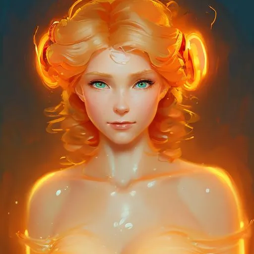 Prompt: portrait of goddess with rosey cheeks, flowing wavy pale yellow hair and orange eyes, wearing a light gold chiffon gown, casting magic Krenz Cushart + loish +gaston bussiere +craig mullins, j. c. leyendecker +Artgerm, oil painting texture. 