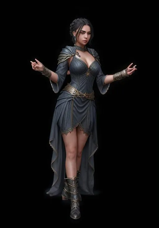 Prompt: D&D female sorceress, ultra detailed clothing and gear, beautiful, perfect complexion, fine hair pulled up, dress long in back short in front