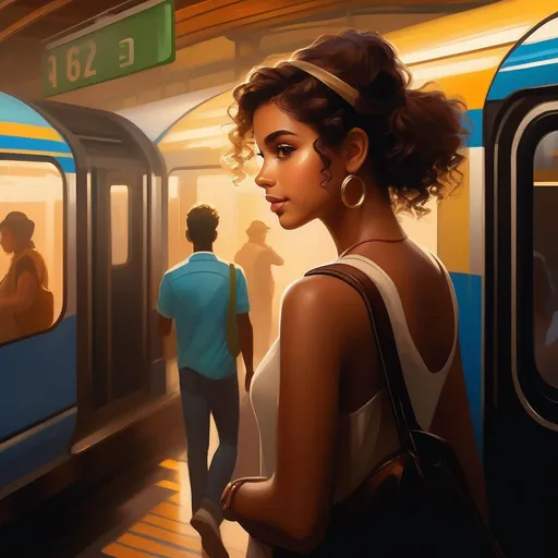 Prompt: Third person, gameplay, Brazilian girl, tan skin, curly brown hair, brown eyes, 2020s, smartphone, Rio de Janeiro subway station, foggy, golden atmosphere, cartoony style, extremely detailed painting by Greg Rutkowski and by Henry Justice Ford and by Steve Henderson 