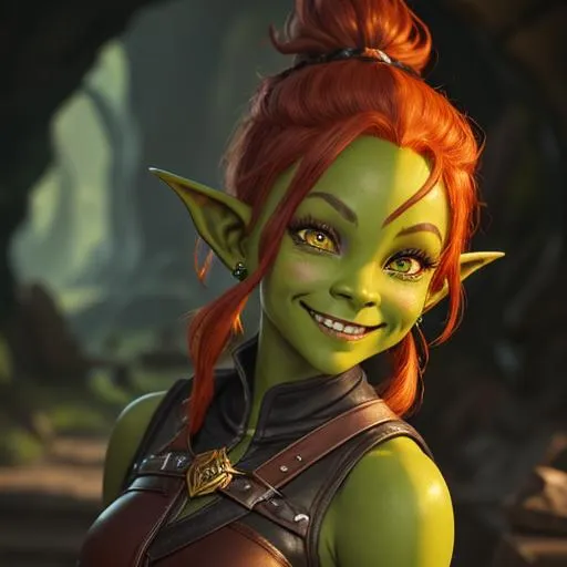 Prompt: oil painting, D&D fantasy, young green-skinned-goblin girl, (green-skinned-female) (tiny petite body), beautiful face, mischievous grin, short fiery red hair, pigtails, pointed ears, fangs, looking at the viewer, wearing adventurer's outfit #3238, UHD, hd , 8k eyes, detailed face, big anime dreamy eyes, 8k eyes, intricate details, insanely detailed, masterpiece, cinematic lighting, 8k, complementary colors, golden ratio, octane render, volumetric lighting, unreal 5, artwork, concept art, cover, top model, light on hair colorful glamourous hyperdetailed medieval city background, intricate hyperdetailed breathtaking colorful glamorous scenic view landscape, ultra-fine details, hyper-focused, deep colors, dramatic lighting, ambient lighting god rays, flowers, garden | by sakimi chan, artgerm, wlop, pixiv, tumblr, instagram, deviantart