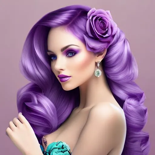 Prompt: Beautiful woman with purple roses in her hair, purple and teal color scheme