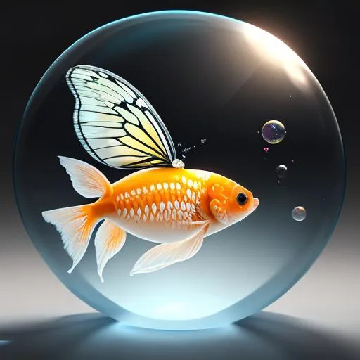 Prompt: one,  cute, fat white goldfish with butterfly wings, swimming in a transparent sphere like bubble, hdr, dynamic lighting