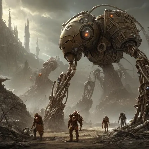 Prompt: fantasy art style, dystopian, biological mechanical war machine, ant eggs, ants, fire ants, giant ants, bullet ants, aliens, outer space