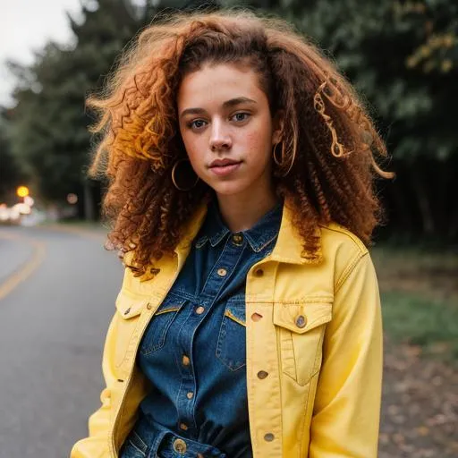 Prompt: girl with amber eyes, scarlet curly hair, and lots of freckles. Yellow shirt, black jacket, dark jeans, and yellow and black combat boots