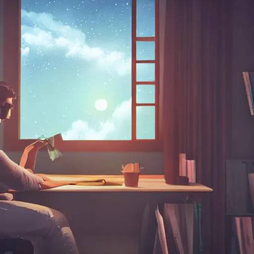 Prompt: Lofi style image of a guy studying in his room at night with magical sky