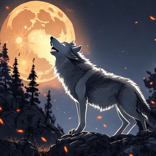 Prompt: a wolf howling under a full moon on a tall rocky outcrop with fireflies all around, realistic 