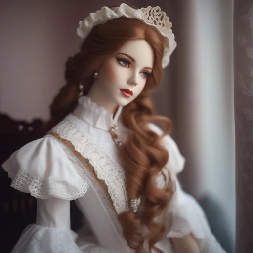 Prompt: woman turned into a beautiful porcelain doll in a victorian dress