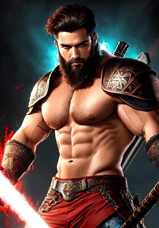 Prompt: UHD, , 8k, high quality, poster art, (( Aleksi Briclot art style)), Joe Rogan, hyper realism, Very detailed, full body, muscular, view of a young man, no shirt, beard,  wielding magic in hands, black hair, light blue eyes, brown skin. red leather armor, mythical, ultra high resolution, light and shading in 8k, ultra defined. 