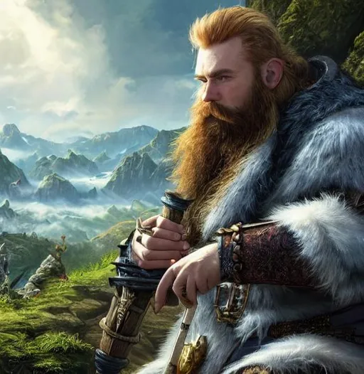 Prompt: oil painting, UHD, hd , 8k, , hyper realism, Very detailed, zoomed out view of character, full character visible, a Dungeons and Dragons Hill-dwarf Druid with fur armor, he has redblonde hair and beard, blue eyes, character art, rings on fingers, nordic tattoos, no weapons,