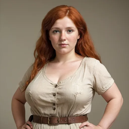 Prompt: archaeologist, woman, 30 years old, 1930, red hair, very curvy, fat body, 30 years old, 1930, short stature, half-length, very defined face, light eyes