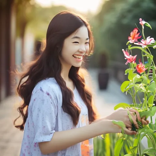 Prompt: korean girl with wavy long hair watering flower  with smile on the morning