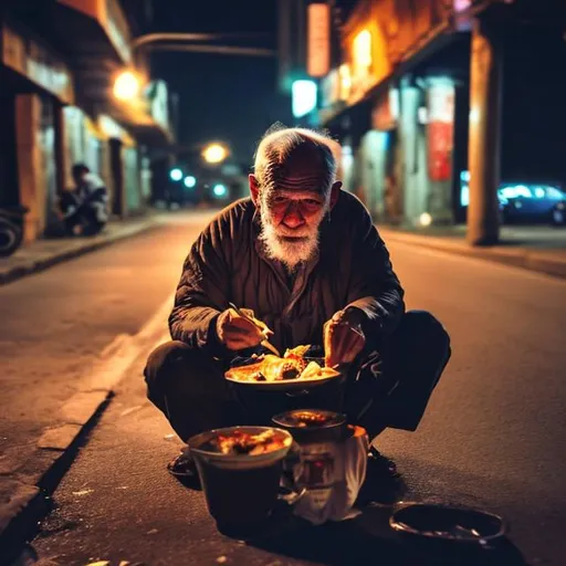 Prompt: an old man having dinner on a roadside alone in the night under a street light