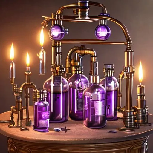 Prompt: A steampunk-style scientific laboratory with vials of purple liquid and bathed in candlelight.