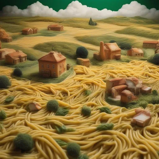 Prompt: a rural landscape becomes a pasta dish, surrealistic