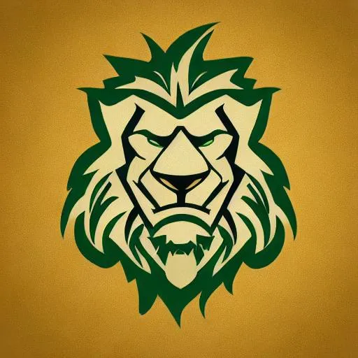 Prompt: a gold lion esports logo, only head, black background, sports logo, high school mascot, simplistic, green stroke,
