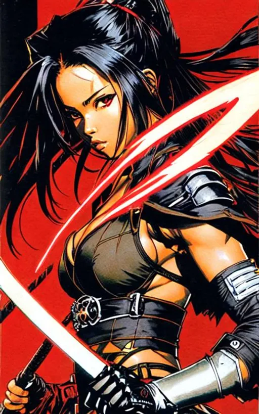 Prompt: (((Yoji Shinkawa))), sticker of ultra detailed portrait of Aaliyah Dana Haughton as a ninja  from Ninja Gaiden in black shinobi outfit holding sheathed katana, high quality cell shaded illustration in post apocalyptic style by Yoji Shinkawa, ((full body)), dynamic pose, perfect anatomy, centered, freedom, soul, black long hair, approach to perfection, cell shading, 4k , cinematic dramatic atmosphere, watercolor painting, global illumination, detailed and intricate environment, artstation, concept art, fluid and sharp focus, volumetric lighting, cinematic lighting, Art by Yoji Shinkawa,