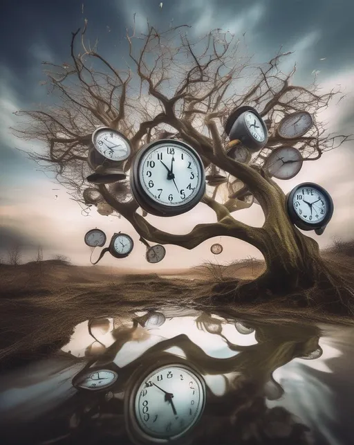 Prompt: A surreal scene featuring melting clocks draped over tree branches, surrounded by floating abstract elements in a dreamlike landscape. Shot with a wide-angle lens to capture the vastness of the surreal world.