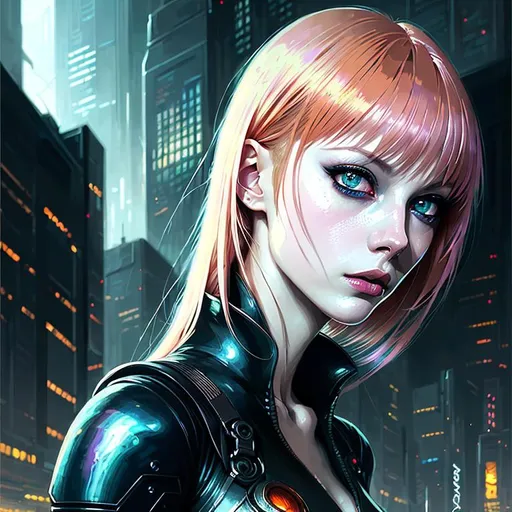 Prompt: Portrait of Leeloo, fifth element, atmospheric, ominous, detailed, dramatic, digital painting, artstation, smooth, sharp focus, illustration, art by wlop, art by royo, art by artgem, smooth lighting, city background, beautiful intricate colored hair, symmetrical, anime wide eyes, soft lighting, detailed face, smooth soft skin