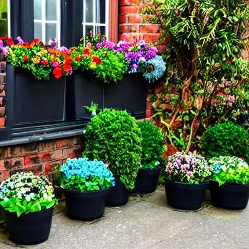 night-time, garden, multicolored flowers, flower pot