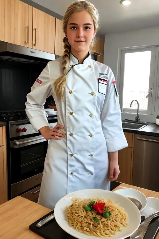 Prompt: Danish Girl 17yo, Chef uniform, blonde hair