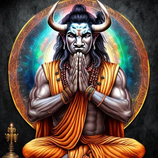 Prompt: Potrait image with multiple characters, one is a masculine human bull, with beautiful psychedelic horns, suited like a monk warrior, who is praying to Lord Shiva Large form like a sadhu warrior 