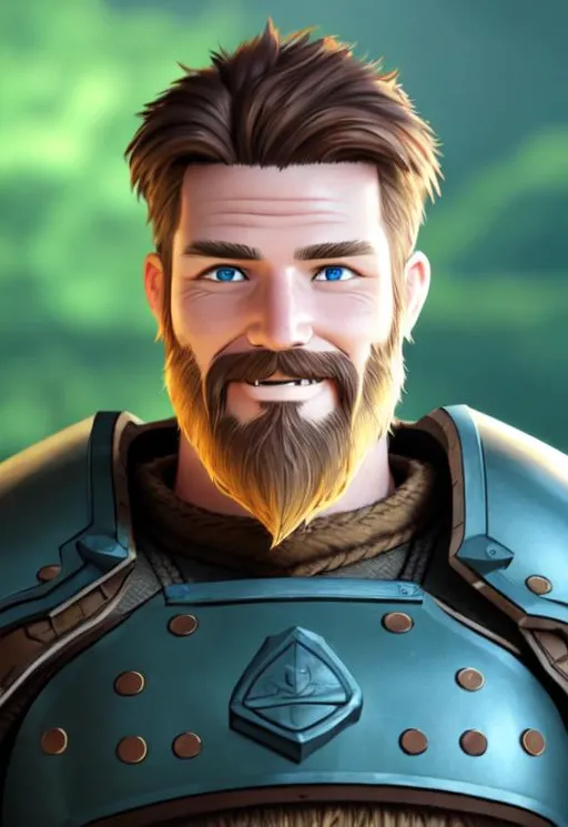 Prompt: Digital Art, 40-year-old viking man, brown hair, medium length wavy hair, subtle smile, a couple of wrinkles short trimmed beard, short trimmed mustache, brown eyes, blue gear, yellow armor, unreal engine 8k octane, 3d lighting, full body, full armor