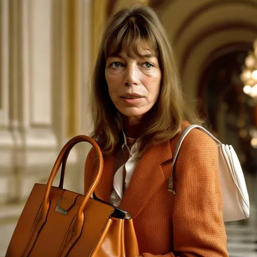 Prompt: Highest quality picture of Jane Birkin in a Wes Anderson Movie wearing the Birkin Hermes bag 