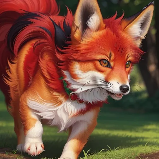 Prompt: masterpiece, professional oil painting, hyper real, 64k, best quality, tiny scarlet ((fox kit)), (canine quadruped), fire elemental, silky scarlet-red fur, highly detailed fur, realistic, timid, ((insanely detailed alert emerald green eyes, sharp focus eyes)), sharp details, gorgeous 8k eyes, insanely beautiful, extremely beautiful, fluffy glistening gold neck ruff, energetic, anime fantasy, two tails, (plump), fluffy chest, fluffy cheeks, enchanted, magical, finely detailed fur, photo realism, hyper detailed fur, (soft silky insanely detailed fur), presenting magical jewel, beaming sunlight, lying in flowery meadow, professional, symmetric, golden ratio, unreal engine, depth, volumetric lighting, rich oil medium, (brilliant dawn), full body focus, beautifully detailed background, cinematic, 64K, UHD, intricate detail, high quality, high detail, masterpiece, intricate facial detail, high quality, detailed face, intricate quality, intricate eye detail, highly detailed, high resolution scan, intricate detailed, highly detailed face, very detailed, high resolution