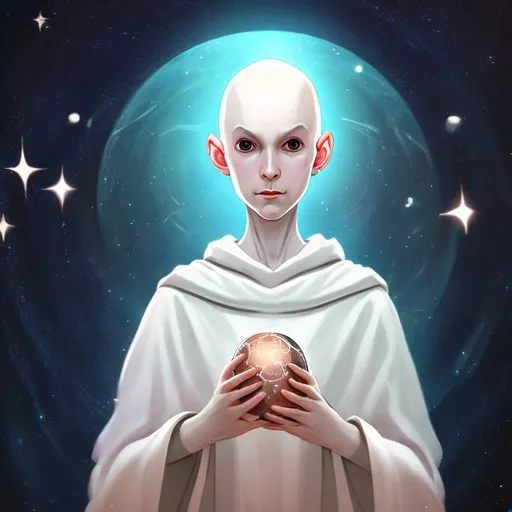 Prompt: androgynous, benevolent, innocent, ALIEN femme, pale skin, bald, soft expression, holding an orb, wearing cloak, surrounded by stars