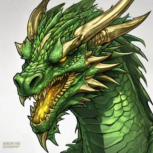 Prompt: Concept designs of a dragon. Dragon head portrait. Coloring in the dragon is predominantly green with light gold streaks and details present.
